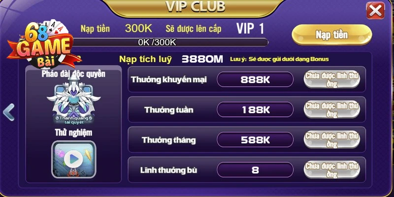 Cấp bậc bạc trong chế độ vip tại 68 game bài