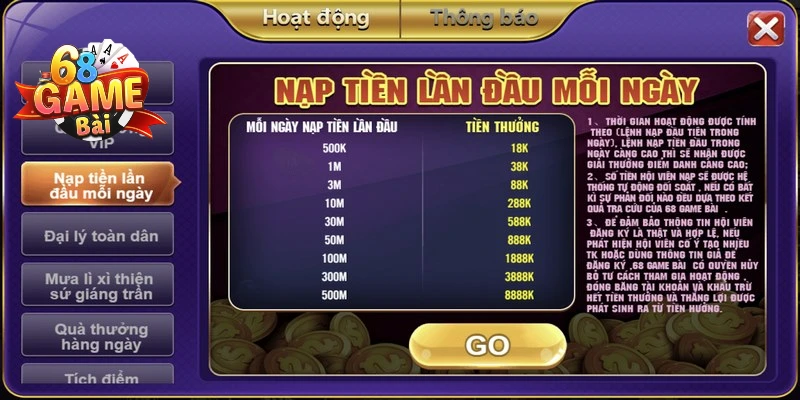 Khuyến mãi 68 game bài tung ra sự kiện khi nạp tiền lần đầu mỗi ngày