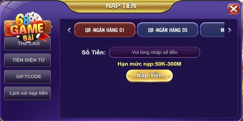 Nạp tiền vào 68 game bài bằng hình thức Internet Banking