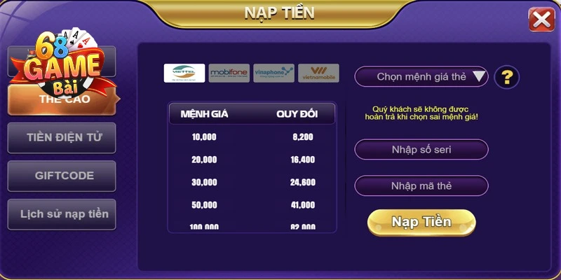 Nạp tiền vào 68 game bài bằng thẻ cào điện thoại tiện lợi